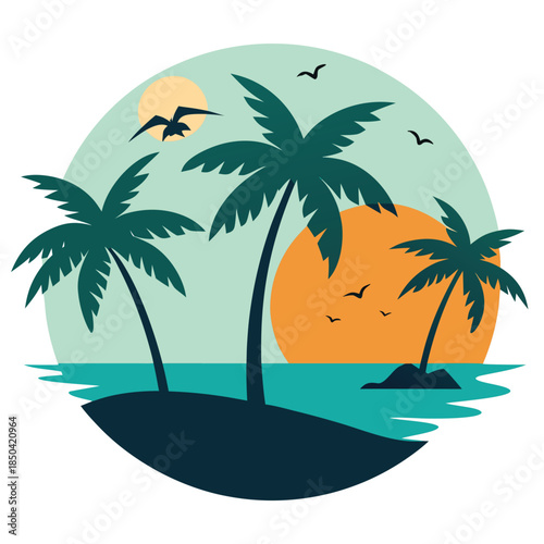 Monochromatic silhouette illustration of a tropical beach scene with a lone palm tree, evoking a serene, isolated paradise. Vector art.