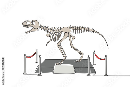 Single continuous line drawing T Rex dinosaur skeleton in museum room. Museum for learning. Get to know ancient animals. Dangerous animal. International Museum Day. One line design vector illustration