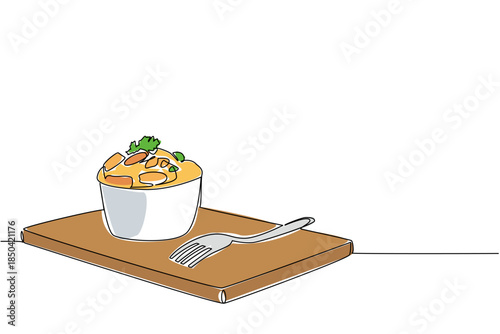 Single continuous line drawing a cheese souffle with celery in a bowl on a wooden chopping board and fork. Still warm. Enjoy now. National Cheese Souffle Day. One line design vector illustration