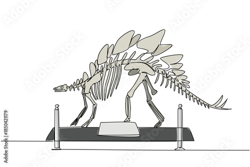 Continuous one line drawing stegosaurus dinosaur skeleton in museum room. Museum for learning. Giant extinct animals. Dangerous. International Museum Day. Single line draw design vector illustration