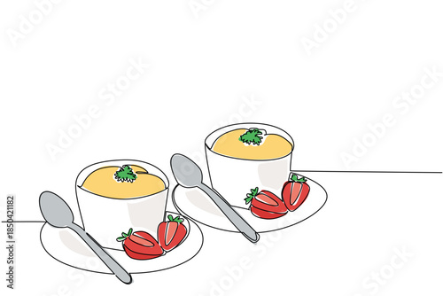 One line drawing vector of two cheese souffles garnished with cream and fresh strawberries for a culinary food concept. Delightful baked dessert theme is for National Cheese Souffle Day celebration