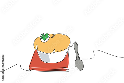 Single one line drawing a cheese souffle with celery in a bowl on a cloth and spoon. A snack with a full cheese flavor. Tasty. National Cheese Souffle Day. Continuous line design graphic illustration