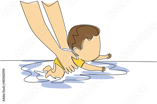 Single continuous line drawing hand holding baby boy learning to swim. Trained and trusted instructors. Train patiently. Exercise. National Learn to Swim Day. One line design vector illustration