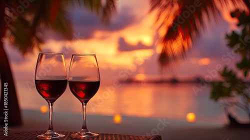 Romantic Sunset at Beach with Wine Glasses and Tropical Palms