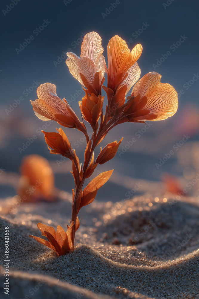 Fototapeta premium Estética onírica para branding de productos naturales, Flor delicada brotando en tierra agrietada, Fotografía conceptual para campaña de resiliencia