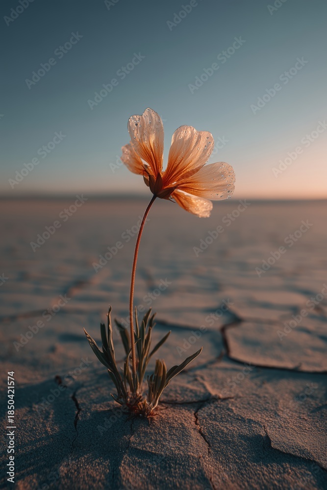 Fototapeta premium Cosmos arenoso con gotas de agua al amanecer, Flor delicada brotando en tierra agrietada, Fotografía conceptual para campaña de resiliencia, Imagen inspiradora para editorial sobre sostenibilidad