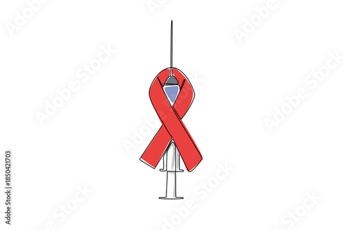 Continuous one line drawing injection with red ribbon as AIDS symbol. Vaccination is recommended to kill the virus. National HIV Vaccine Awareness Day. Single line draw design vector illustration