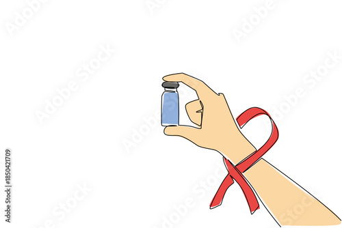 Single continuous line drawing hand holds medical glass vial or vaccine bottle with red ribbon on wrist. Vaccination. Treatment. National HIV Vaccine Awareness Day. One line design vector illustration