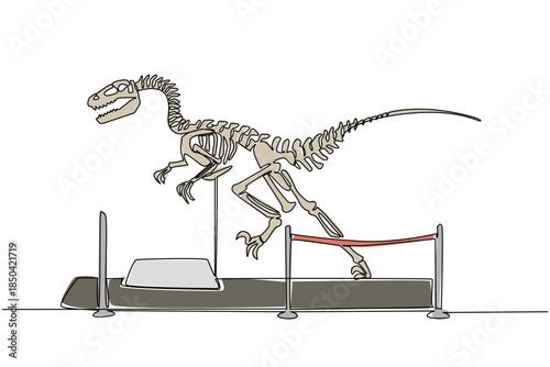 Single one line drawing velociraptor dinosaur skeleton in museum room. Telling about wild animals in the past. Learning tools. International Museum Day. Continuous line design graphic illustration