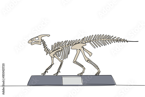 Single one line drawing Parasaurolophus dinosaur skeleton in museum room. Extinct animal with characteristic giant crested kash. International Museum Day. Continuous line design graphic illustration