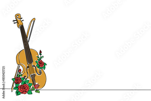 Single continuous line drawing the violin is in a standing position with flowers around it. Heart touching romantic music. Symbolism. Melody. World Fiddle Day. One line design vector illustration