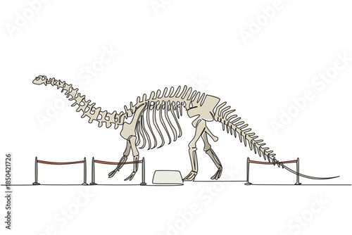 Continuous one line drawing brontosaurus dinosaur skeleton in museum room. Getting to know anatomy of predatory animal in the past International Museum Day. Single line draw design vector illustration