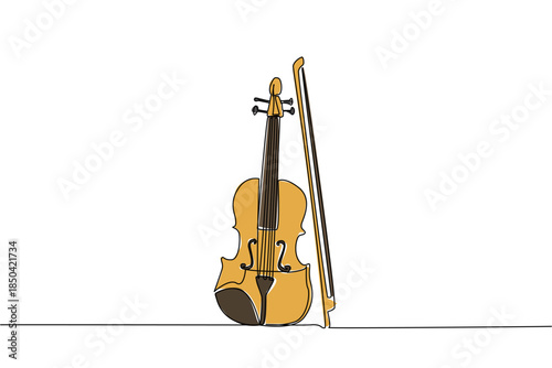 Single continuous line drawing violin standing position with bow at side. A melodious musical instrument. Beautiful melody when played. Classical. World Fiddle Day. One line design vector illustration