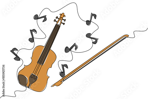 Continuous one line drawing violin with strings and around it there are many scattered musical note signs. Produces harmonious tones. World Fiddle Day. Single line draw design vector illustration