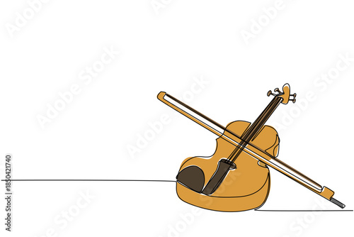 Continuous one line drawing violin with its bow. Musical instruments of various genres. Singing soothing classical music. Harmony. Sound. World Fiddle Day. Single line draw design vector illustration