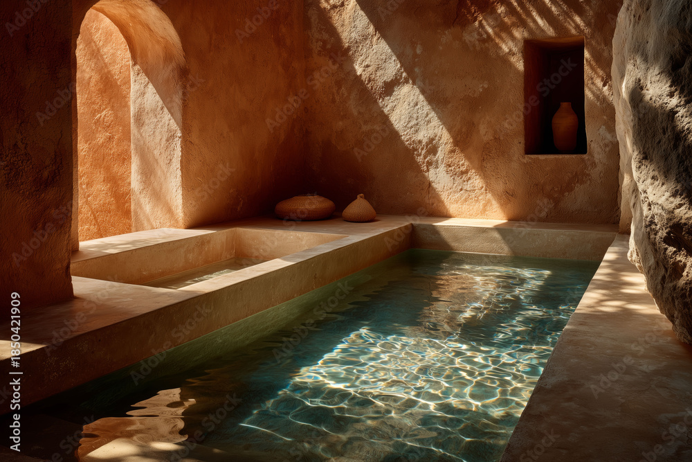 Fototapeta premium Spa minimalista con piscina y luz natural, piscina de adobe en villa en Mexico, piscina estilo mediterráneo, Diseño interior de baño con texturas naturales y agua, Piscina rustica de aguas tranquilas 