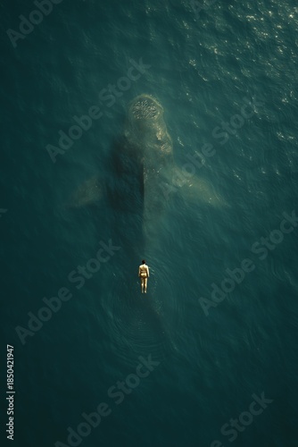 Hombre nadando con ballena gigante en el océano, Ilustración conceptual de un nadador y una ballena azul, Hombre diminuto frente a la inmensidad del océano y una ballena