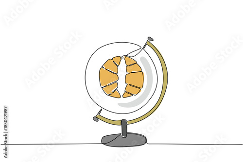 Single one line drawing a globe with a round plate in the middle containing 2 croissants. World Baking Day. Instant energy source. High in carbohydrates. Continuous line design graphic illustration