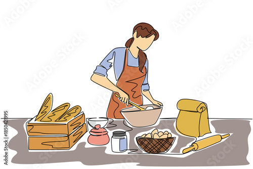 Continuous one line drawing a woman is kneading dough. Processing food with mind and heart. Cooking hobby that brings in money. Business. World Baking Day. Single line draw design vector illustration