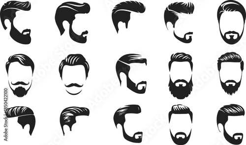 Modern male hairstyle and beard collection vector illustration, trendy men haircuts and facial hair silhouette set for barbershop, fashion, and grooming design