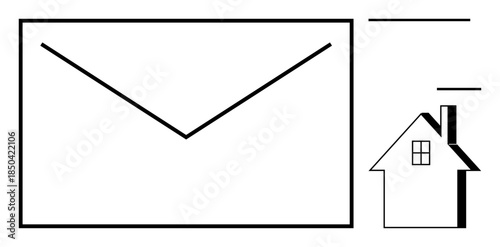 Communication, postal services, home delivery, correspondence, courier logistics, residential location. A large envelope and simple house icon. Communication and postal services