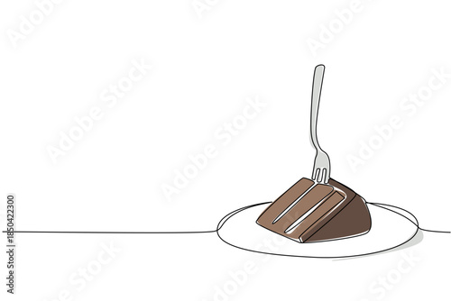 Single one line drawing a slice of cake of the devil on a small plate with a fork stuck into the cake. Very delicious cake. National Food of Devil Cake. Continuous line design graphic illustration