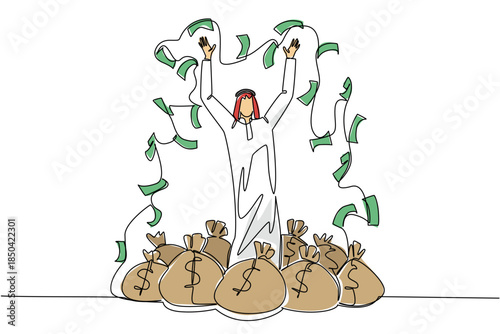 Continuous one line drawing Arab man standing on a pile of money bags while throwing banknotes. Smart investment. Become richer. Be a Millionaire Day. Single line draw design vector illustration