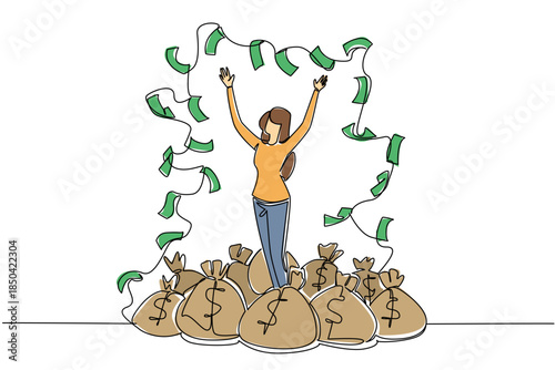 Single one line drawing woman standing on pile of money bags while throwing banknotes. Benefits beyond reason. Successful investment. Be a Millionaire Day. Continuous line design graphic illustration