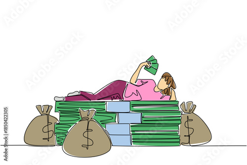Single one line drawing a woman lying on a pile of banknotes and fanning herself with the banknotes. Multiple benefits. Investment. Be a Millionaire Day. Continuous line design graphic illustration