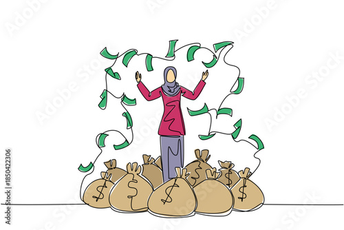 Continuous one line drawing Arab woman standing on a pile of money bags while throwing banknotes. An investment that never loses. Be a Millionaire Day. Single line draw design vector illustration