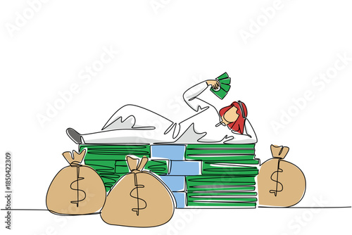Single continuous line drawing Arab man lying on a pile of banknotes and fanning himself with the banknotes. Financial freedom. Big profit. Be a Millionaire Day. One line design vector illustration