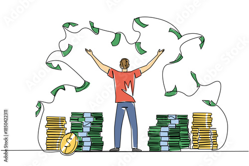 Continuous one line drawing back view, a man stands with arms outstretched and throws the banknotes. Major investments will be made. Be a Millionaire Day. Single line draw design vector illustration