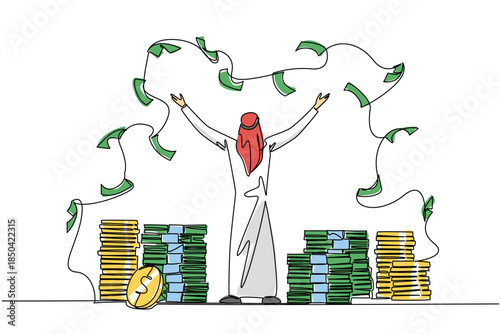 Continuous one line drawing back view, Arab man stands with arms outstretched and throws the banknotes. Invest massively. Profit. Be a Millionaire Day. Single line draw design vector illustration