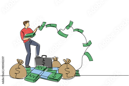 Single continuous line drawing a man stands on pile of banknotes and money bag throwing banknotes. Investing heavily. Leveraging resources. Be a Millionaire Day. One line design vector illustration