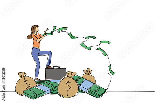 Continuous one line drawing woman stands on pile of banknotes and money bag throwing banknotes. Throwing money into being an investor. Be a Millionaire Day. Single line draw design vector illustration