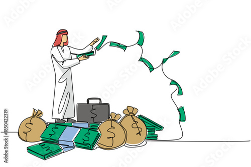 Single one line drawing Arab man stands on pile of banknotes and money bag throwing banknotes. Throwing money in the wrong place. Be a Millionaire Day. Continuous line design graphic illustration