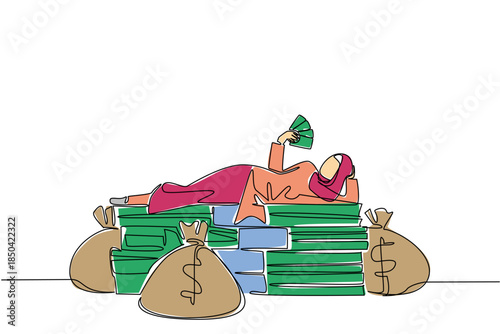 Single one line drawing Arab woman lying on a pile of banknotes and fanning herself with the banknotes. Amazing results. Freedom. Be a Millionaire Day. Continuous line design graphic illustration