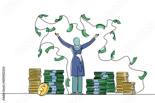 Single one line drawing back view, Arab woman stands with arms outstretched and throws the banknotes. Celebrating achievements. Rich. Be a Millionaire Day. Continuous line design graphic illustration