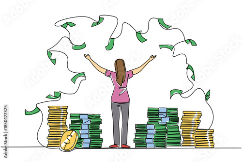 Single continuous line drawing back view, a woman stands with arms outstretched and throws the banknotes. Increasing annual income. Wealth. Be a Millionaire Day. One line design vector illustration