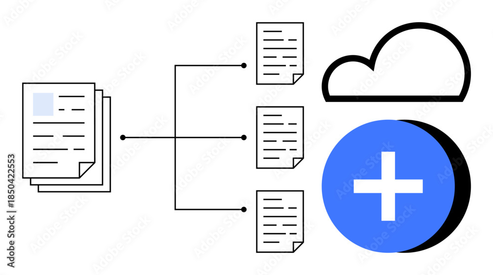 Obraz premium Cloud storage for document sharing. Cloud storage streamlines file distribution, upload, and synchronization. Cloud storage ensures accessibility, seamless collaboration, and data management. Ideal