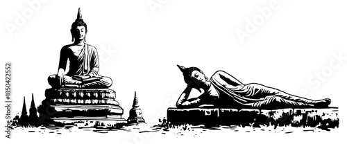 Hand drawn seated and reclining Buddha statues vector illustration in black and white ink style