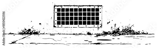 Rectangular metal sewer grate or ventilation cover with grunge texture