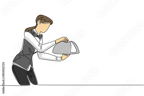 Single continuous line drawing female waitstaff wears a bow tie serving an order with a metal tray and cloche. Meals delivered to customers. National Waitstaff Day. One line design vector illustration