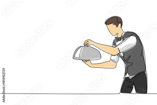Single one line drawing a male waitstaff wears bow tie serving order with a metal tray and cloche. The most professional worker. National Waitstaff Day. Continuous line design graphic illustration