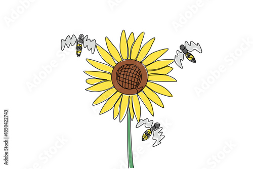 Continuous one line drawing 3 bees flying around a sunflower. Only perch on good places and fresh flowers. The best honey will be produced. World Bee Day. Single line draw design vector illustration