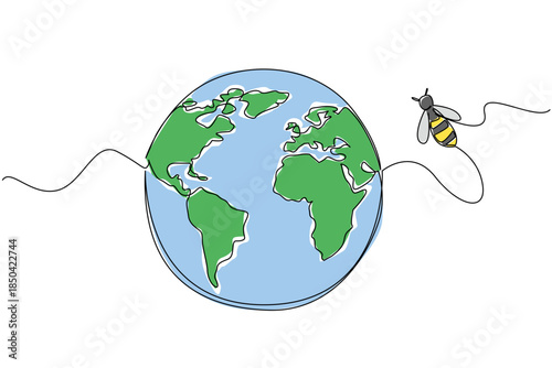 Single one line drawing a globe with bees flying around on the side. Bees migrate. Moving away from the decreasing best nesting grounds. World Bee Day. Continuous line design graphic illustration