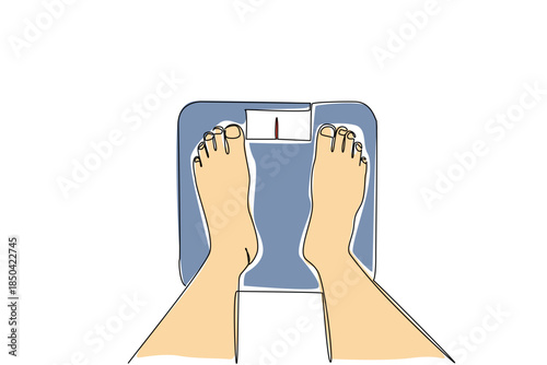 Single continuous line drawing top view, feet standing on the scale. The scales do not lie. It is time to live healthy. Exercise regularly Weights and Measures Day. One line design vector illustration