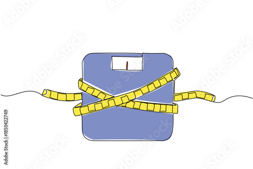 Single one line drawing body scales tied with measuring tape. A symbol to keep remembering healthy living at all times. Diet. Weights and Measures Day. Continuous line design graphic illustration