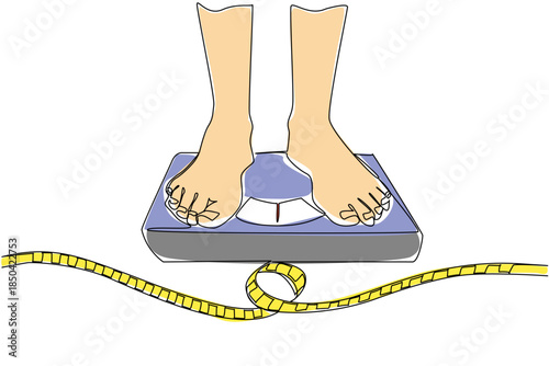 Continuous one line drawing feet standing on scale and a roll of measuring tape. Strict diet starts now. For better life. Health. Weights and Measures Day. Single line draw design vector illustration