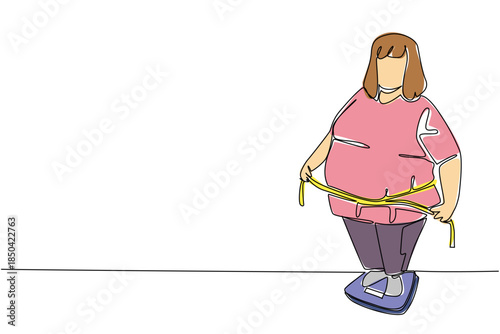 Single one line drawing a fat woman ties her stomach with a measuring tape standing on a scale. Too much sweet consumption. Over. Weights and Measures Day. Continuous line design graphic illustration